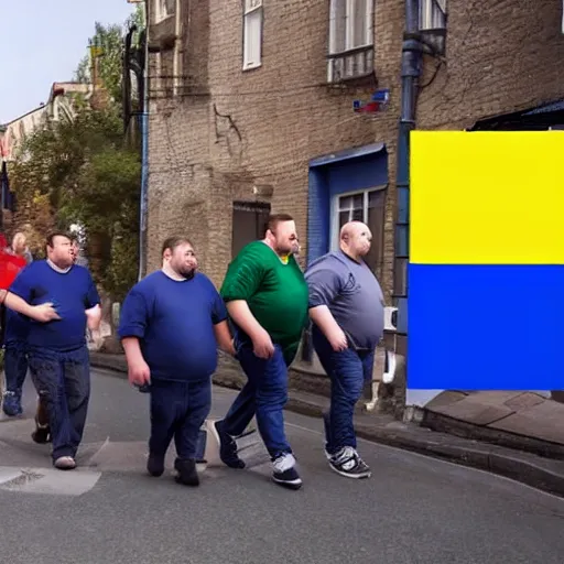 Image similar to a group of obese men walking through a street, the romanian flag is in the background in the sky, hyper realistic, very detailed.