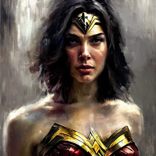 Image similar to face protrait of wonder woman, realistic, ultrahd, jeremy mann painting