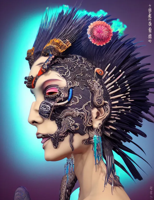 Image similar to 3 d goddess close - up profile portrait punk with mohawk with ram skull. beautiful intricately detailed japanese crow kitsune mask and clasical japanese kimono. betta fish, jellyfish phoenix, bio luminescent, plasma, ice, water, wind, creature, artwork by tooth wu and wlop and beeple and greg rutkowski