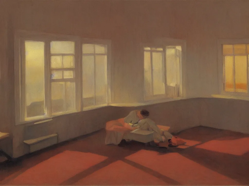 Image similar to the collector of corals in an interior. autumn sunset. painting by hopper