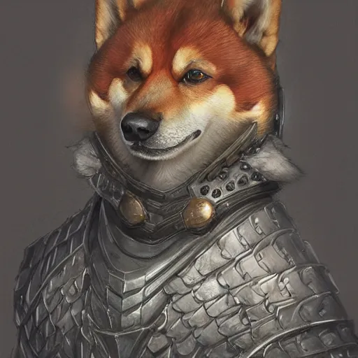 Image similar to anthropomorphic shiba inu, berserk anime the berserker armor, the dragon slayer sword, red aura, fantasy, dark, portrait art by donato giancola and greg rutkowski, realistic face, digital art, trending on artstation, symmetry