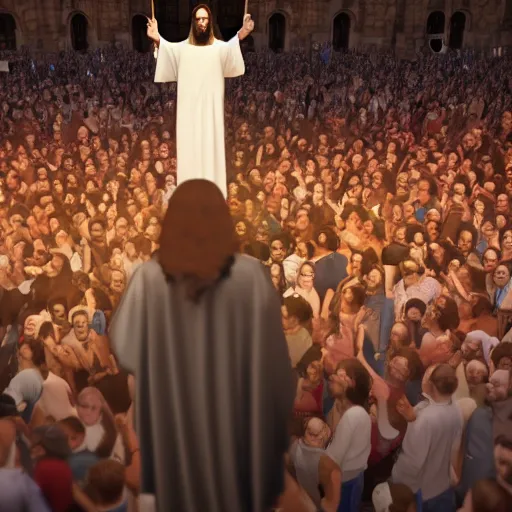 Image similar to jesus christ with a microphone rapping on a podium to a crowd of people, 4 k image, hd, high res, unreal engine, medieval