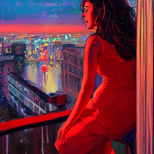 Image similar to a beautiful artwork of a woman in red dress sitting on the balcony of a hotel at night, top view, neon and rainy theme atmosphere by Jerome Opeña, featured on artstation