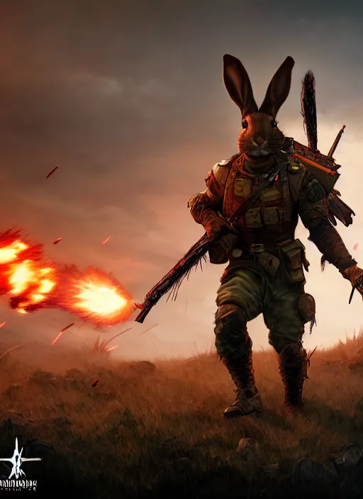 Prompt: an epic fantasy comic book style portrait painting of an militar rabbit in a battlefield, menacing. unreal 5, daz, hyperrealistic, octane render, cosplay, rpg portrait, dynamic lighting