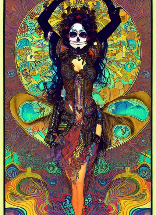 Prompt: psychedelic poster art of a cute punk goth cyberpunk fractal Día de los Muertos girl posing by Victor Moscoso Rick Griffin Alphonse Mucha Gustav Klimt Ayami Kojima Amano Charlie Bowater, masterpiece