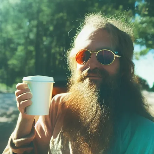 Prompt: portrait of a hippie drinking a coffee on the surface of the sun, kodak portra,