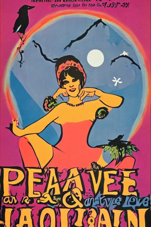 Image similar to poster for peace and love and harmony witch, 1 9 6 0 s