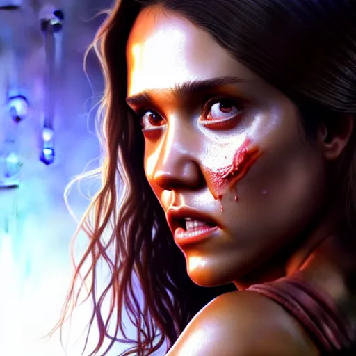 Image similar to beautiful digital painting jessica alba the evil dead with high detail, 8 k, stunning detail, photo by artgerm, greg rutkowski and alphonse mucha, unreal engine 5, 4 k uhd