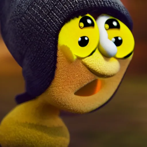 Image similar to sponebob in a beanie, photorealistic, soft focus, depth of field,