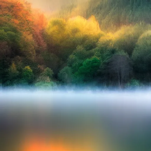 Prompt: soft focus landscape watercolour, water, trees, mountains, sun, atmospheric, environment, reflections, tonal, misty
