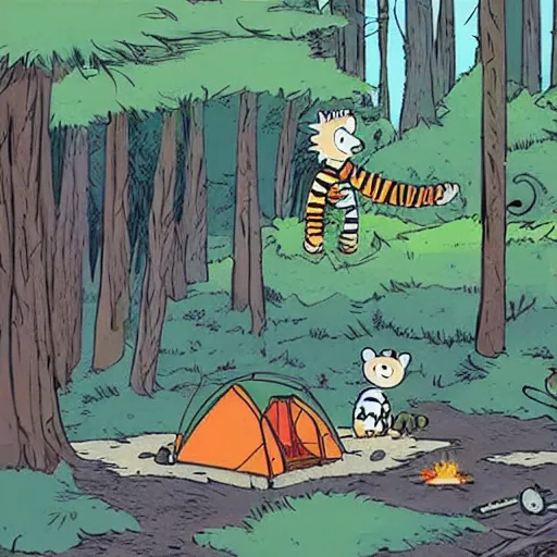 Image similar to Calvin and Hobbes camping in the forest