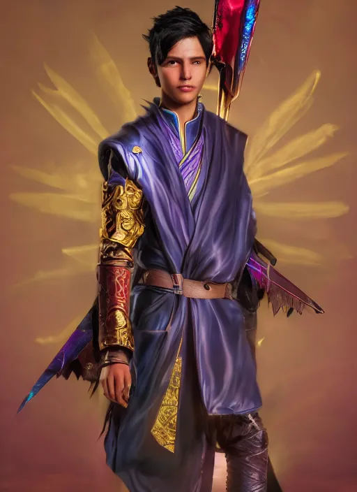 Image similar to An epic fantasy comic book style portrait painting of teenager boy with straight indigo hair, purple eyes with red eye markers, slim body, wearing a detailed Japanese kimono with golden armpieces, holding a pair of fans. Unreal 5, DAZ, hyperrealistic, octane render, cosplay, RPG portrait, dynamic lighting