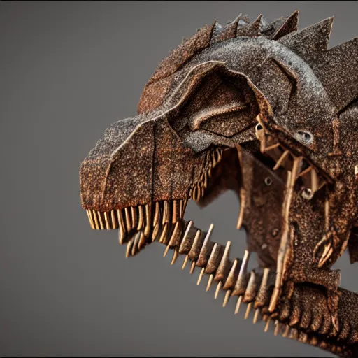 Image similar to a t-rex made out of rusty gears, octane render, 3D