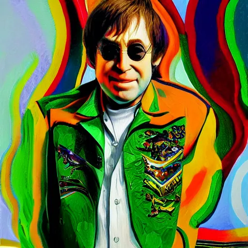 Image similar to elton john lennon wearing an outfit with green apple designs, oil painting, ultradetailed, artstation