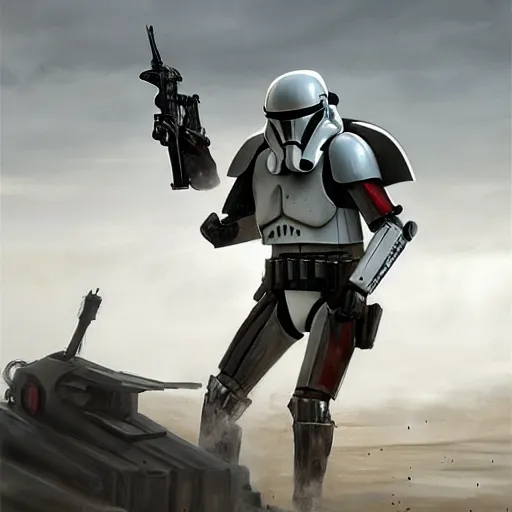 Image similar to an extremely long shot of an imperial stormtrooper in battle position ready to shoot his blaster concept art by Doug Chiang cinematic, realistic painting, high definition, very detailed, extremely high detail, photo realistic, concept art, the Mandalorian concept art style