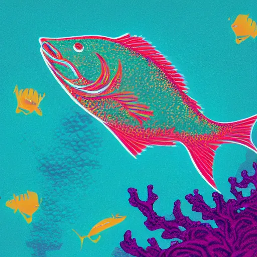 Image similar to a single fish in the ocean, close - up, seaweed, sparkles, neon, tinseltown, artstation, intricate, highly detailed, digital painting, concept art, sharp focus, illustration by tom whalen and charles williams and kilian eng and james jean