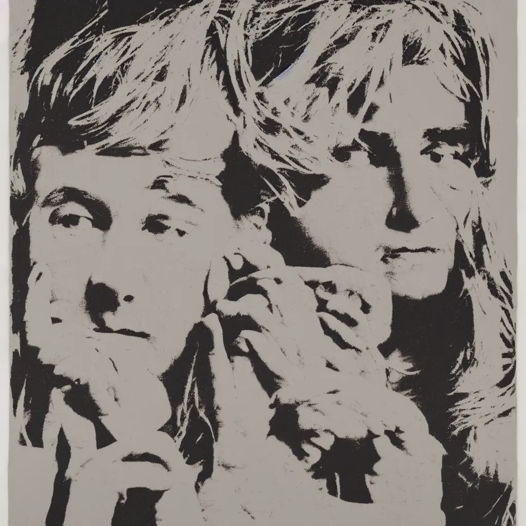 Image similar to individual silk screen portrait of unemployed artist contemplating suicide by andy warhol