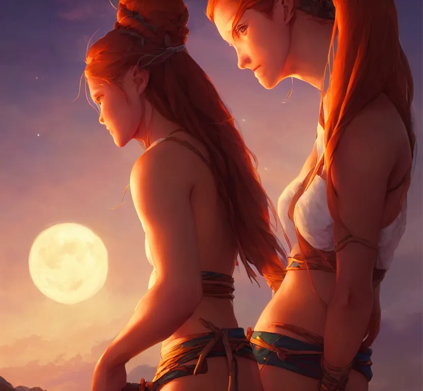 Image similar to long ginger hair, tanned woman in a prehistoric outfit, by artgerm, hair tied in a ponytail, soft lighting, night scene, by greg rutkowski makoto shinkai takashi takeuchi