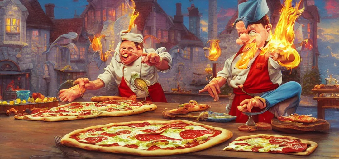 Prompt: poster artwork by Michael Whelan Rendering of a chef using magic on his pizza, happy, colorful, full of details by thomas kinkade, Matte painting, trending on artstation,