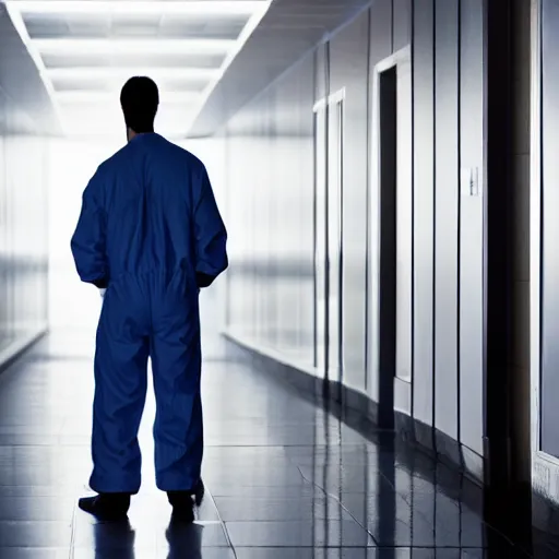 Image similar to man with deformed face in jumpsuit, standing in a dimly lit hallway with a wrench