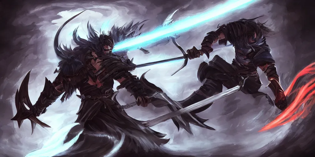 Prompt: nightbringer yasuo slashing, ultra details background trending on artstation digital painting splashart drawn by a professional artist