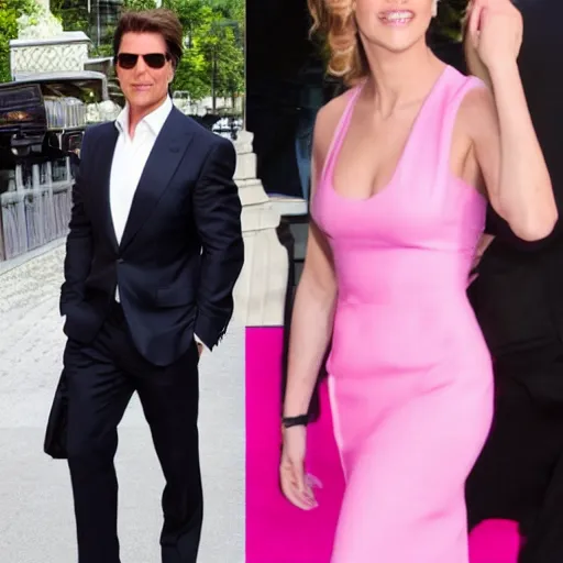 Prompt: tom cruise wearing a suit and wearing stunning pink high heel shoes