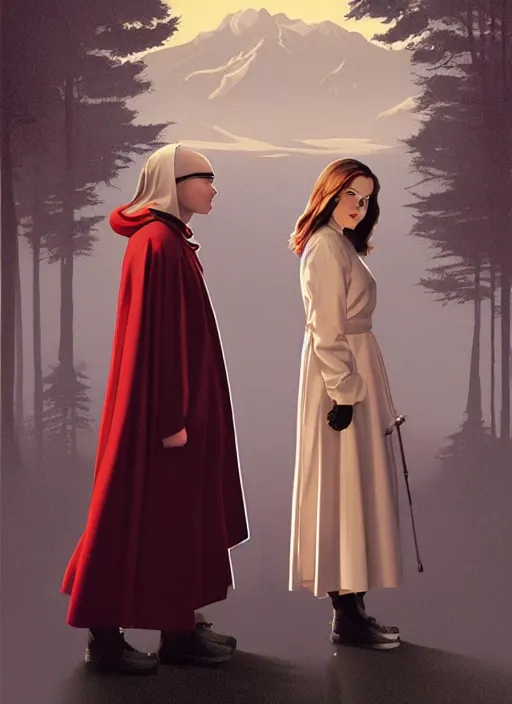 Prompt: Twin Peaks poster artwork by Michael Whelan and Tomer Hanuka, Rendering of Kiernan Shipka dressed turtle neck and lab coat and Emma Watson dressed as a nun, full of details, by Makoto Shinkai and thomas kinkade, Matte painting, trending on artstation and unreal engine