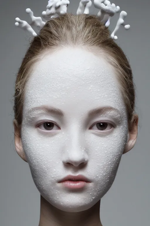 Image similar to ! dream full head and shoulders, beautiful porcelain female person, mixed with frog spawn eyes, smooth, delicate facial features, white detailed eyes, white lashes, by daniel arsham and james jean