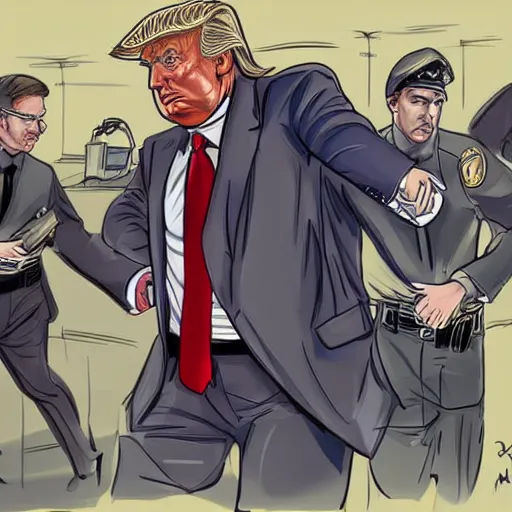 Prompt: donald trump in handcuffs being escorted by the fbi. digital art. highly detailed. 8k. artstation.