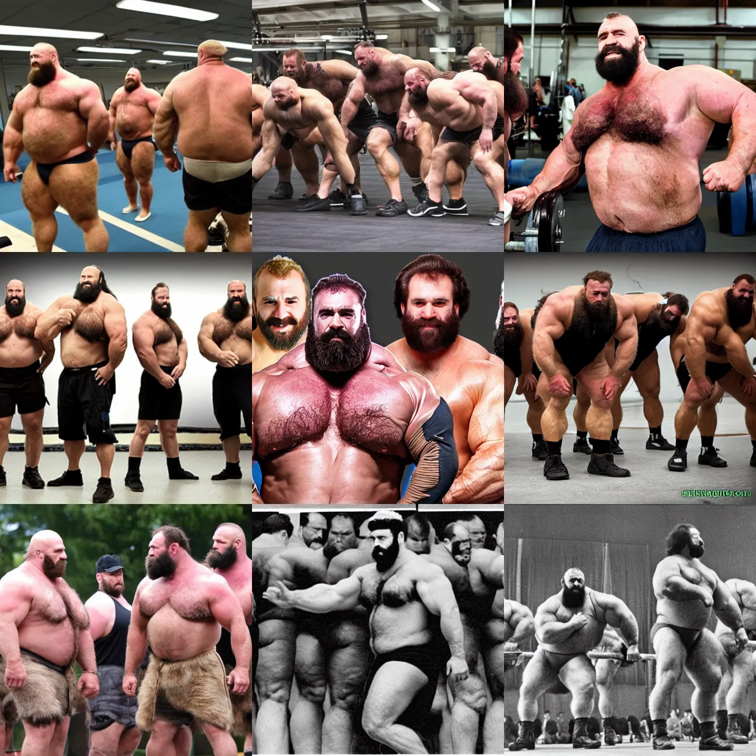 Prompt: assembly line of burly hairy cloned strongmen