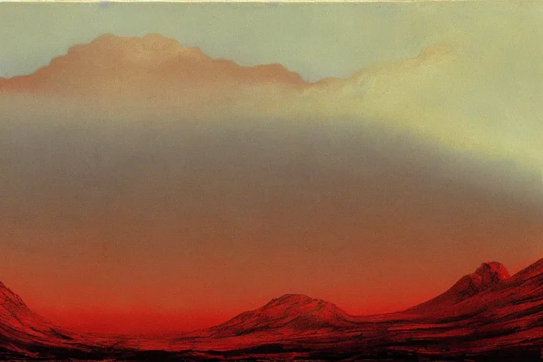 Prompt: a detailed volcanic landscape , violent clouds in the sky with glowing red eyes in the sky by Zdzisław Beksiński