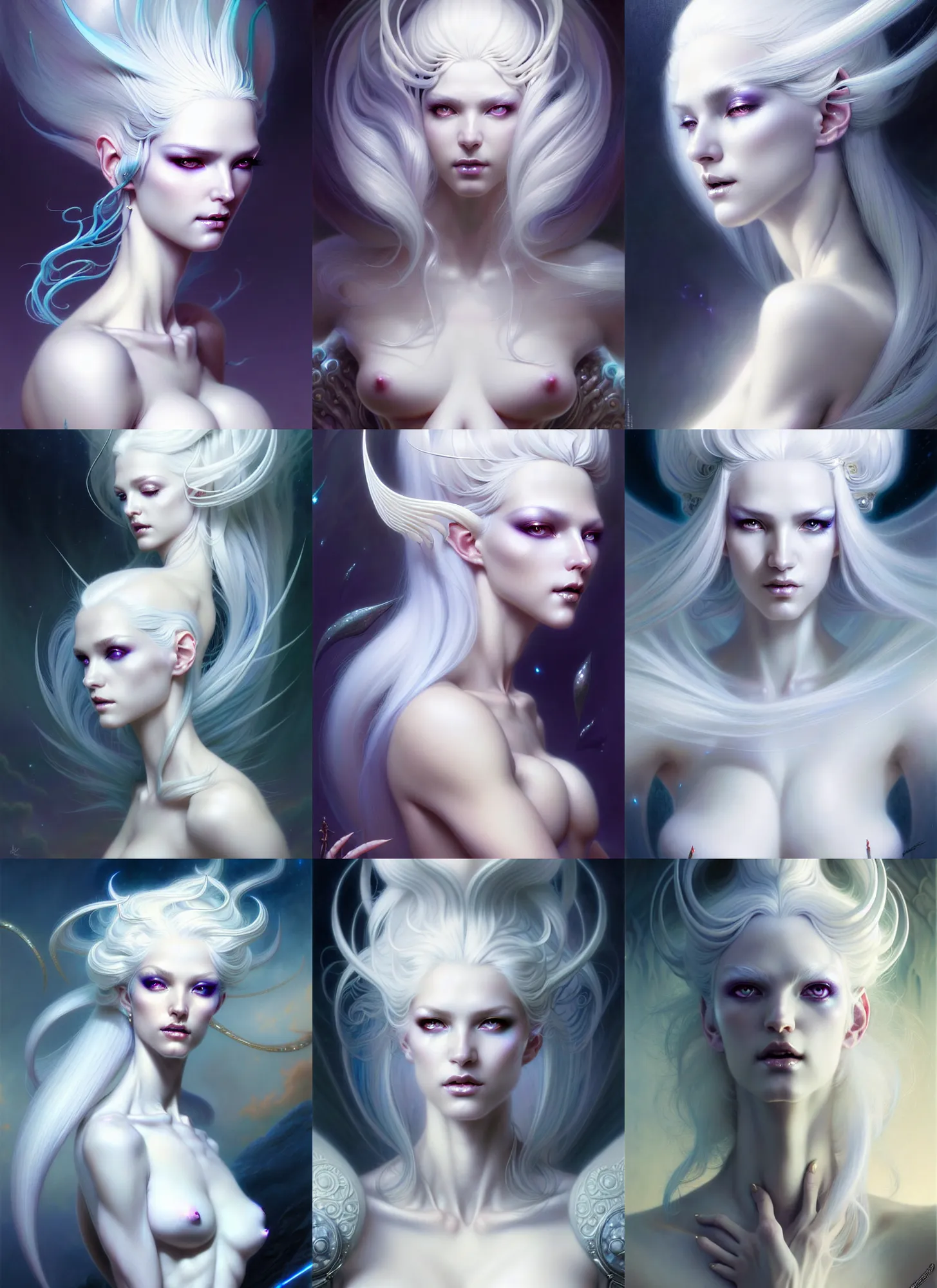 Prompt: beautiful sexy ethereal white hair fantasy character portrait, elegant hair, complex design hair, ultra realistic, wide angle, intricate details, fantasy artifacts, highly detailed by peter mohrbacher, hajime sorayama, wayne barlowe, boris vallejo, aaron horkey, gaston bussiere, craig mullins