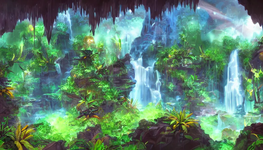 Image similar to concept art of underground jungle cave with waterfalls, luminescent plants, colorful, high detailed