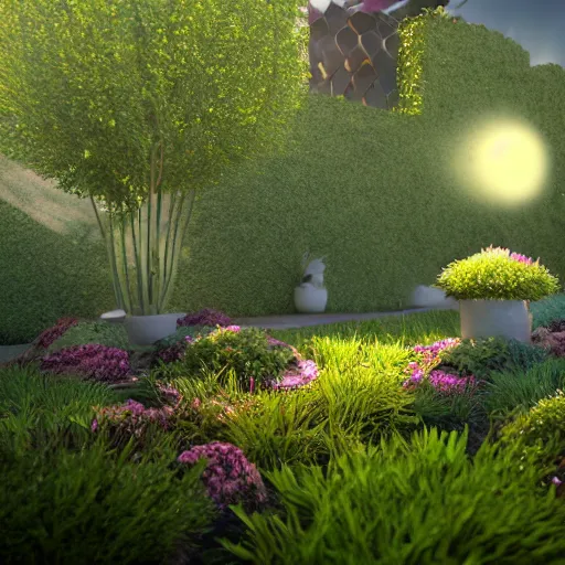 Image similar to weird 3 d rendered garden, octane render, volumetric light, sharp focus