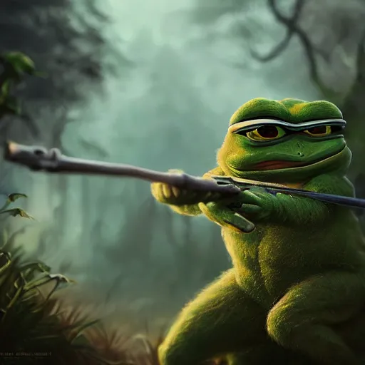 Prompt: pepe the frog in combat, matte, painting, trending on artstation, incredible post - processing lighting, centered composition, cinematic composition, rule of thirds, intricate details