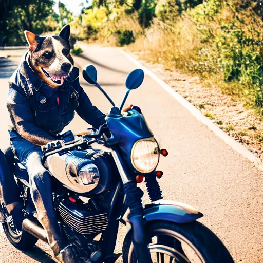 Image similar to blue heeler dog on a motorcycle, 8 k photography, blurred background of a wafflehouse