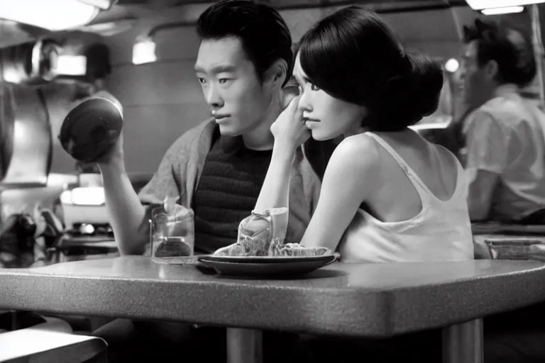 Prompt: movie interior closeup beautiful Japanese models couple closeup sitting and at 50s diner, night in the city, beautiful skin, by Emmanuel Lubezki