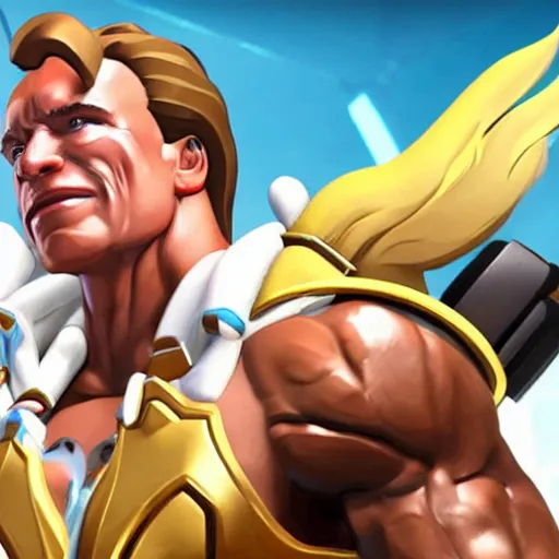 Image similar to a screenshot of arnold schwarzenegger as mercy in overwatch