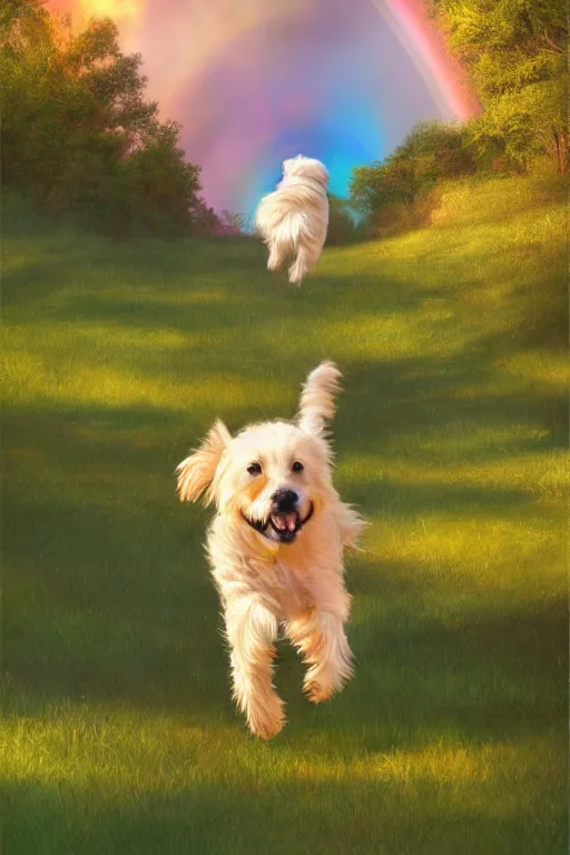 Image similar to a singular beautiful dog running happily towards its owner, ethereal heavenly rainbow bridge in the background behind the dog, tall golden heavenly gates, amazing, stunning artwork, featured on artstation, cgosciety, behance