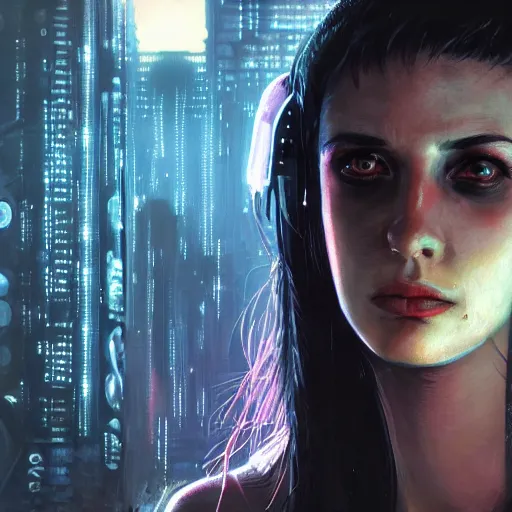 Image similar to molly millions, closeup portrait of a young beautiful cyberpunk woman, eye implants, black hair in a rough shag, sunset, neuromancer, street samurai, cyberpunk city background, megacity, gorgeous view, depth, painted by seb mckinnon, high detail, digital art, painted by greg rutkowski, trending on artstation