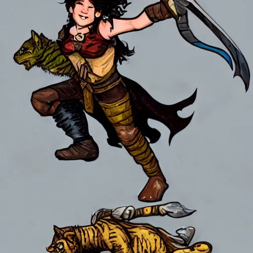 Prompt: D&D art of a female halfling rogue with hairy feet, riding on top of a panther through waterdeep, sunny afternoon