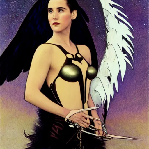 Image similar to young jennifer connelly the dark swan queen, black feathers instead of hair, feathers growing out of skin, black bodysuit, moulting, suspended in zero gravity, on spaceship with cables hanging down, highly detailed, mike mignogna, ron cobb, mucha, oil painting