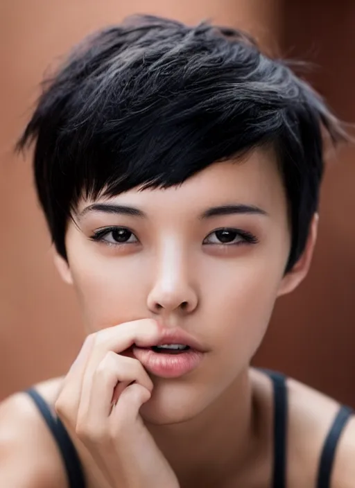 Image similar to beautiful slim tomboy with short black hair and asian eyes, perfection in eyes of males