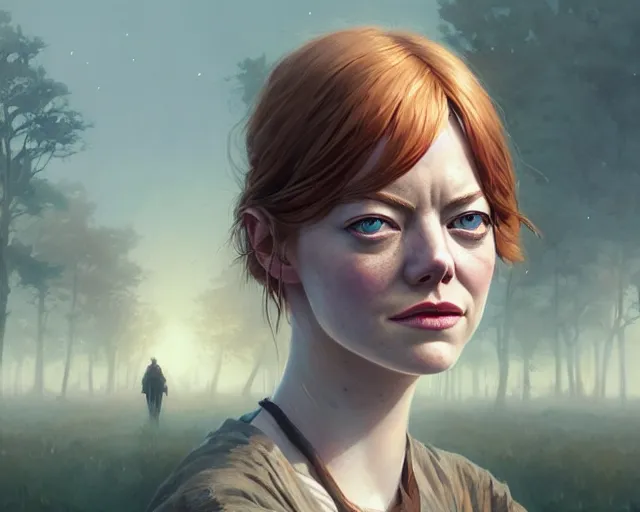 Image similar to highly detailed portrait of emma stone, in the walking dead, stephen bliss, unreal engine, fantasy art by greg rutkowski, loish, rhads, ferdinand knab, makoto shinkai and lois van baarle, ilya kuvshinov, rossdraws, tom bagshaw, global illumination, radiant light, detailed and intricate environment