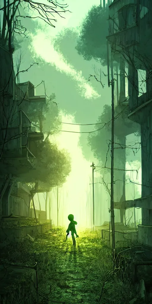 Prompt: abandoned apocalyptic old alley with a kid at the centre, trees background, epic green sunlight, perfect lightning, illustration by niko delort,