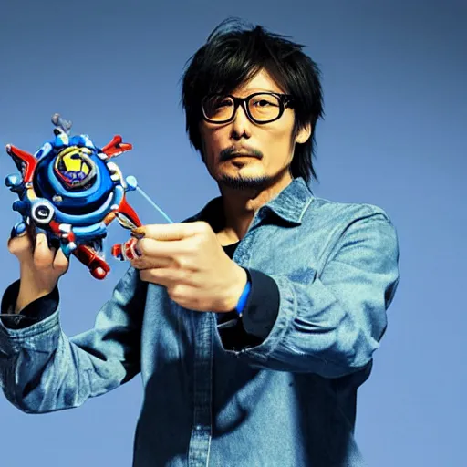 Image similar to Hideo Kojima holding a beyblade in his hand