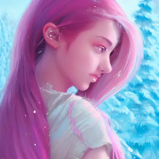 Image similar to teen girl, pink hair, gorgeous, amazing, elegant, intricate, highly detailed, snowy background, digital painting, artstation, concept art, sharp focus, illustration, art by Ross tran