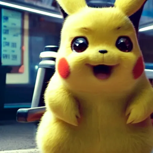 Image similar to movie still of fat detective Pikachu