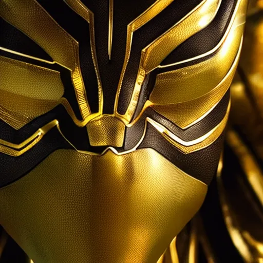 Image similar to a close up photo of a detailed golden statue of Black Panther, 8K,