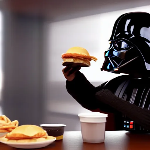 Image similar to A still of Darth Vader eating at McDonalds, 4k, photograph, ultra realistic, highly detailed, professional lighting
